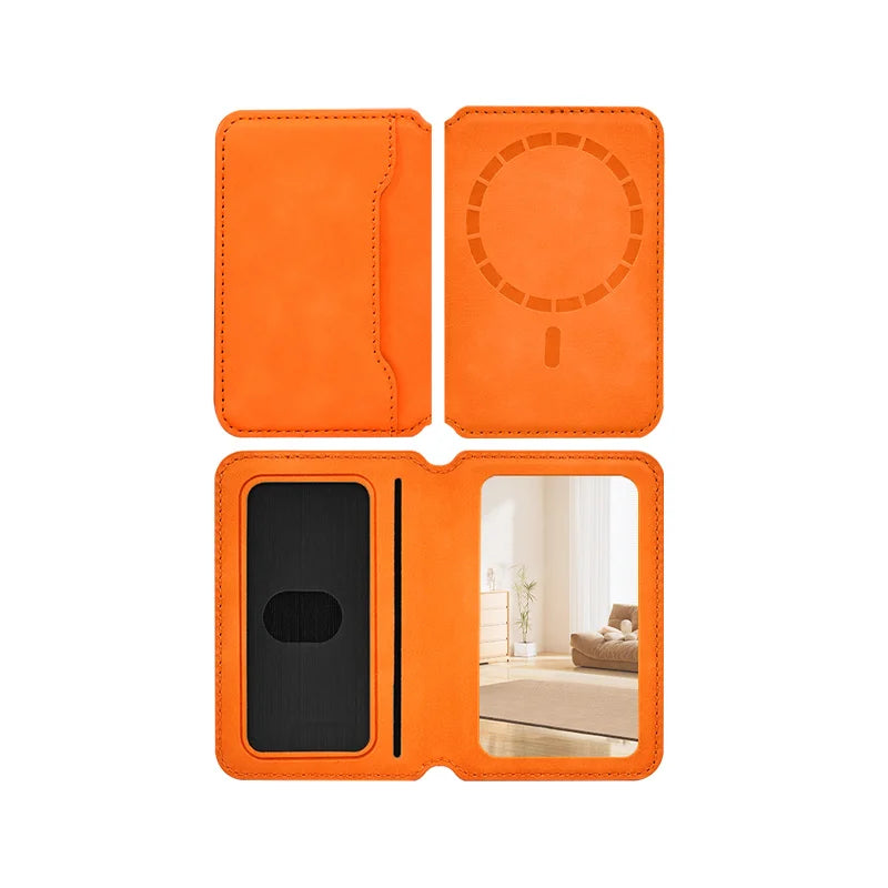 Thin Leather Wallet Magnetic Cellphone Card Holder For IPhone 16 15 14 13 18 17 Pro Max For Magsafe Bring Your Own Makeup Mirror