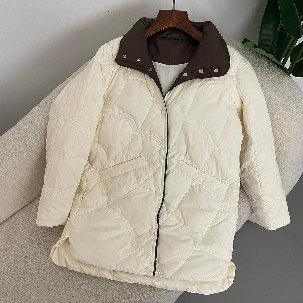 New Autumn Winter Down Jacket Women Classic Mid-Length Warm Korean Style Loose 90 White Duck Down Jacket Stand Collar Coat