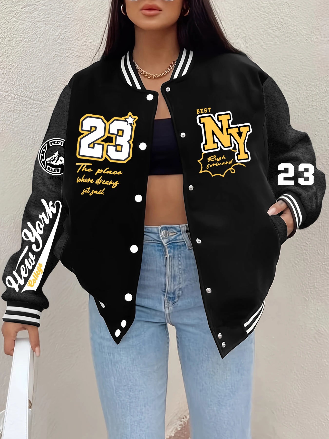New York Art Letter 23 Printed Women Jacket Harajuku Fleece Baseball Jersey Button Personality Streetwear Vintage Loose Clothing