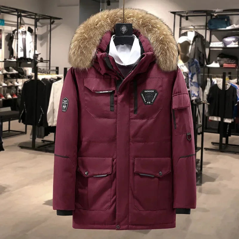 Neue Ankunft Männer Unten Parkas Mode Winter Jacke Dickes Fell Hoddy Outdoor Ente Unten Polsterung Mantel Männlichen Mit Kapuze Outwear