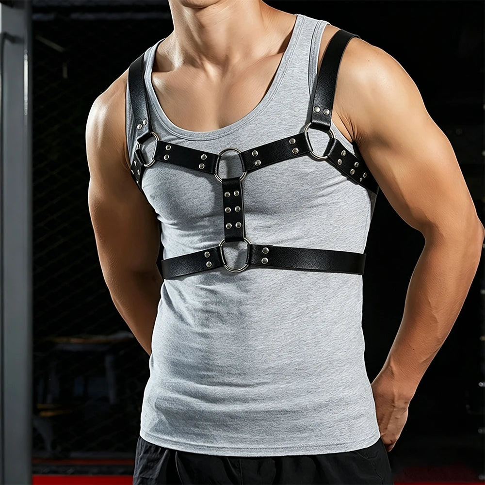 Men PU Leather Chest Harness Belt Adjustable Body Waist Strap with O Ring Rivet Punk Gothic Halloween Carnival Party Accessories