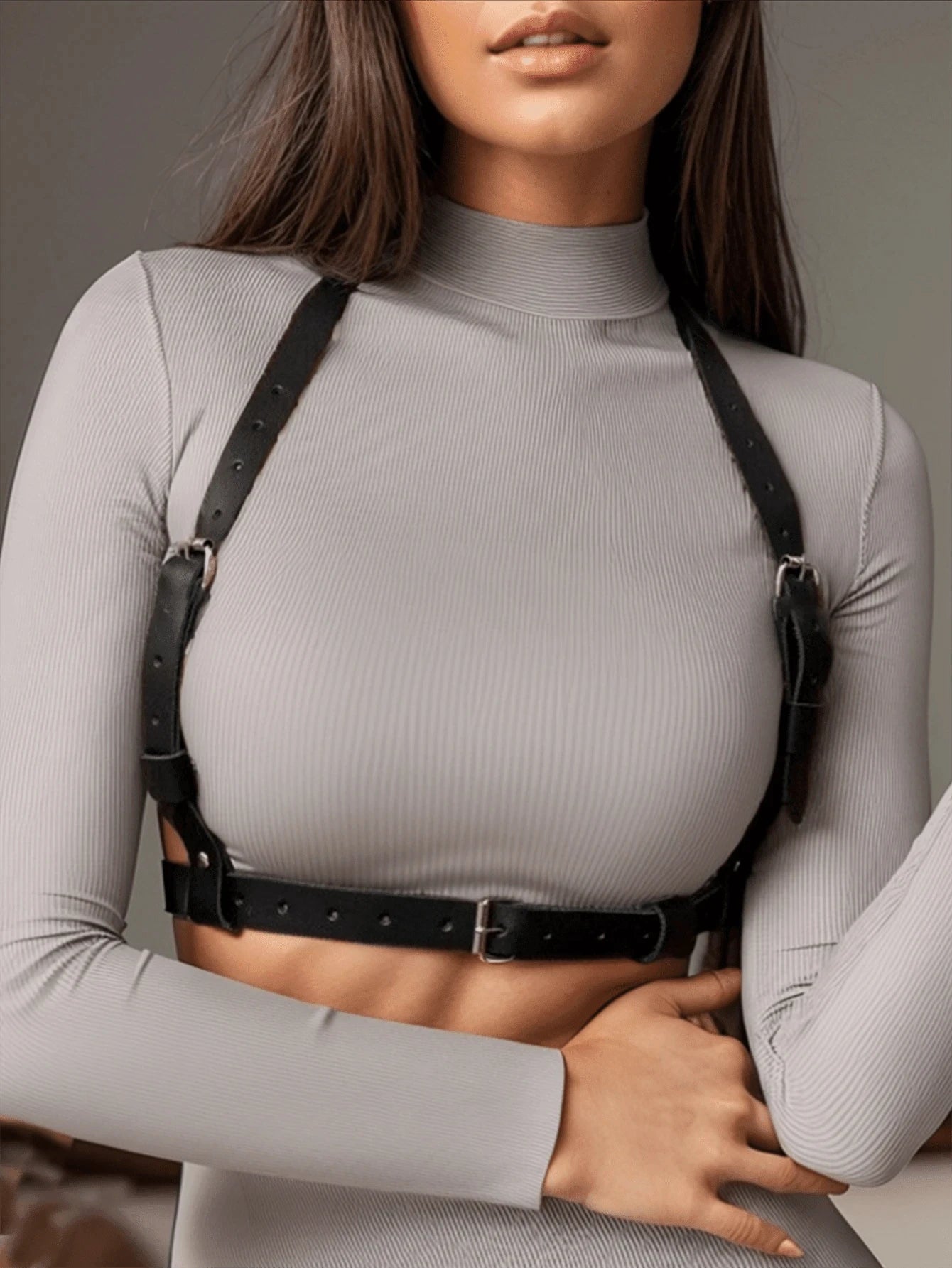 Women Fashion Goth Chest PU Leather Harness with Chains Black Chest Harness with Chains Punk Accessories for Party