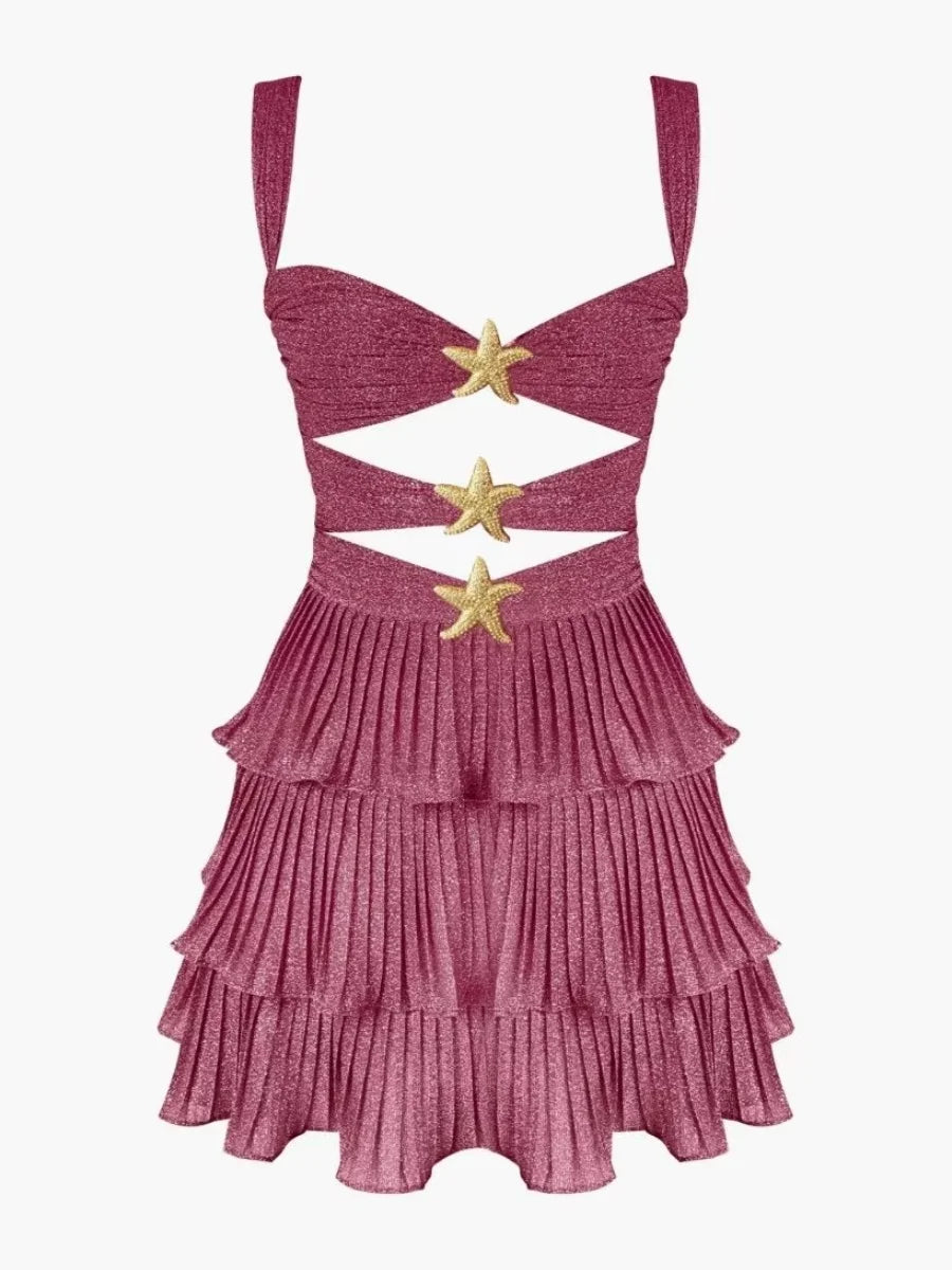 Sexy Shiny Hollow Out Layered Ruffle Mini Dress Women New Backless Sleeveless Slim Dresses Lady Party Vocation Gown