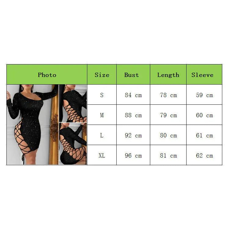 Women Dress Gown Black Long Sleeve Sexy Lady Bodycon Hollow Short Dresses Party Night Club Summer Vestido