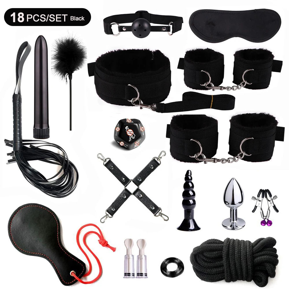 Hot Exotic Bed B+ndage Set B+SM Kits Exotic S*x Toys For Women Adults Games Leather Handcuffs Whip Gag Nipple Clamps S*x
