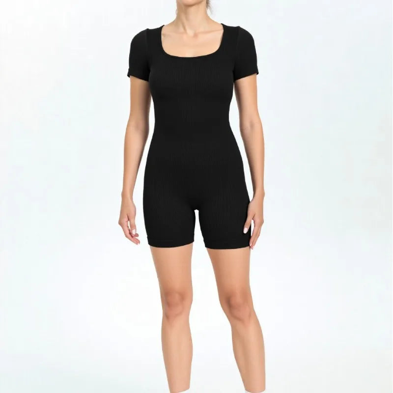 Seamless Ribbed Short Sleeve Bodysuit Women Yoga Outfit Tummy Control Sportswear for Running Workout Gym Fitness Clothes