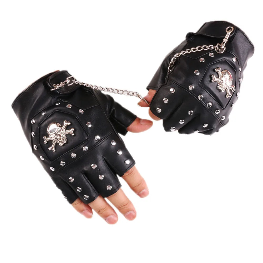 Skull Gloves Street Dance Men Fashion Punk Chain Gloves Nightclub Performance Youth Women Bracelet PU Leather Half Finger Gloves