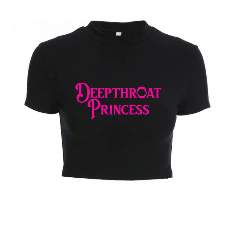Deepthroat Princess Women Crop Top Black Short Bandage Tee Tops Girls Sexy TShirt Harajuku High Elasticity Tight Short Sleeves