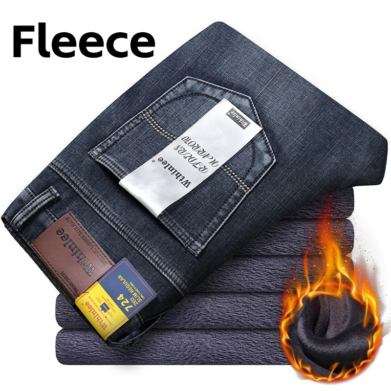 Wthinlee New Business Men's Jeans fleece Casual Straight Stretch Fashion Classic Blue Black Work Denim Trousers Male Clothing