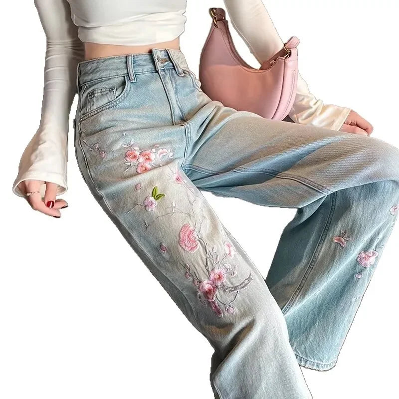 New Style Embroidered High Waist Draped Women's Jeans Autumn Winter Slimming Wide Leg Floor-Length Pants