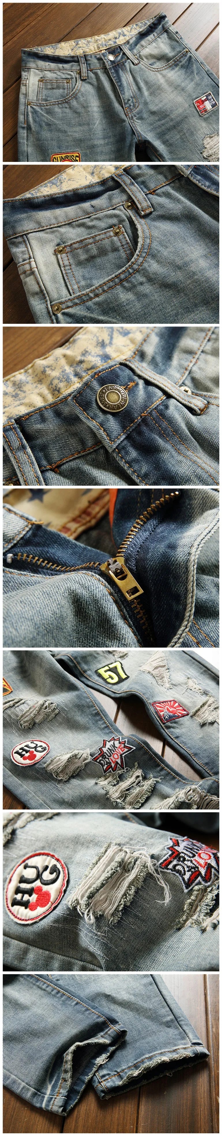 New Men's Hip Hop High Street Motorcycle Jeans Badge Distressed Ripped Denim Trousers Male Non-stretch Straight Slim Fit Jeans
