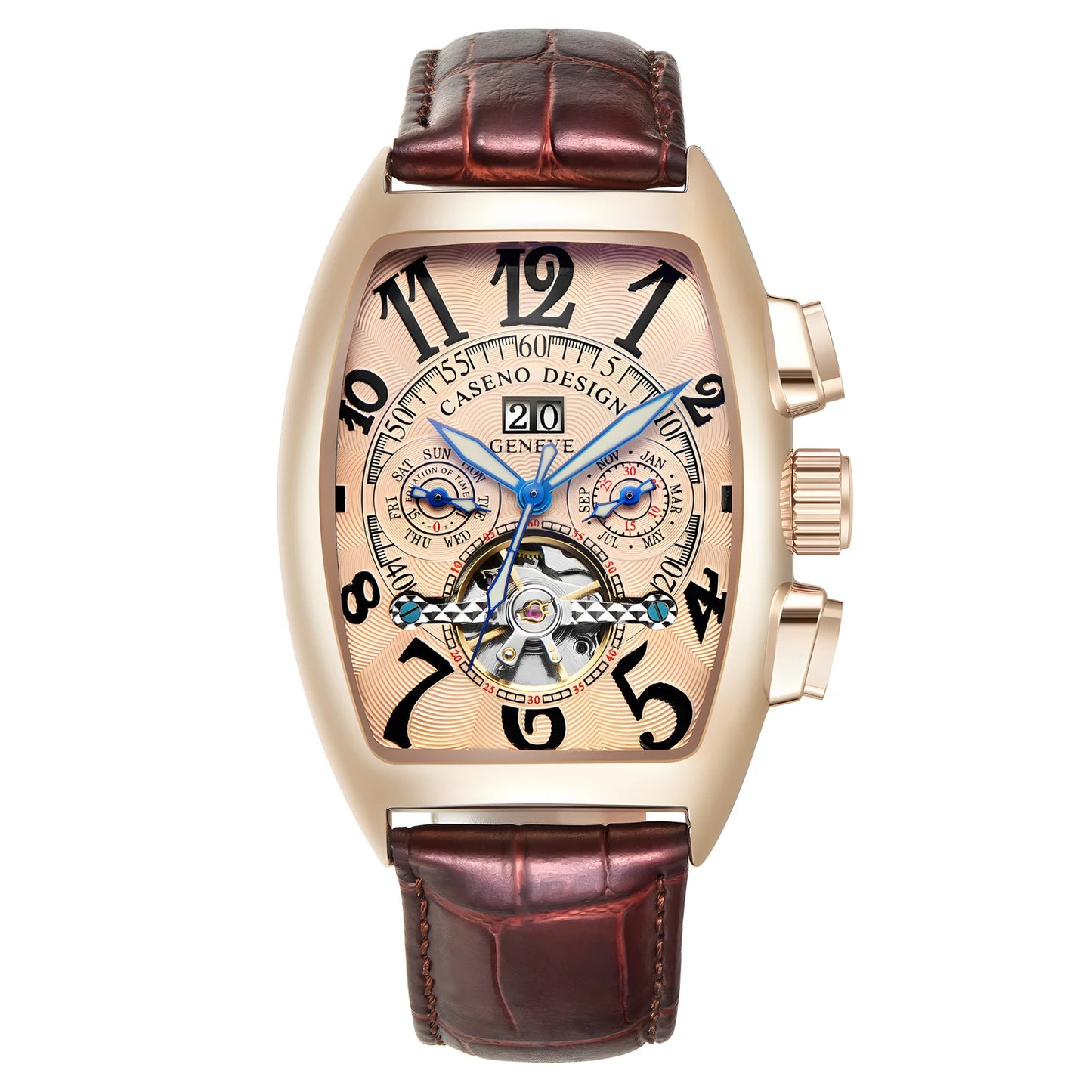 CASENO Top Luxury Brand Men's Fully Automatic Mechanical Tourbillon Watch Calendar Night Glow Tonneau Skeleton Watch -577G