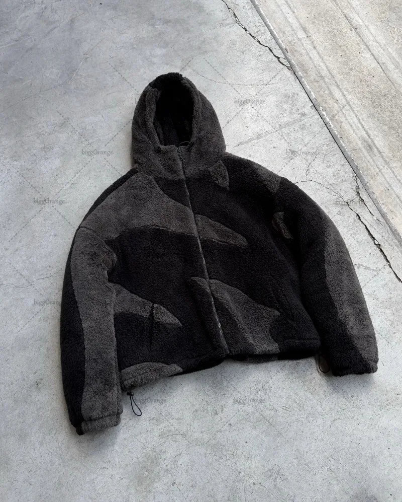 Street Wear Men's and Women's Zipper Hooded Men's Wool Jacket Autumn Winter American Retro Lamb Wool Splicing Windproof Jacket