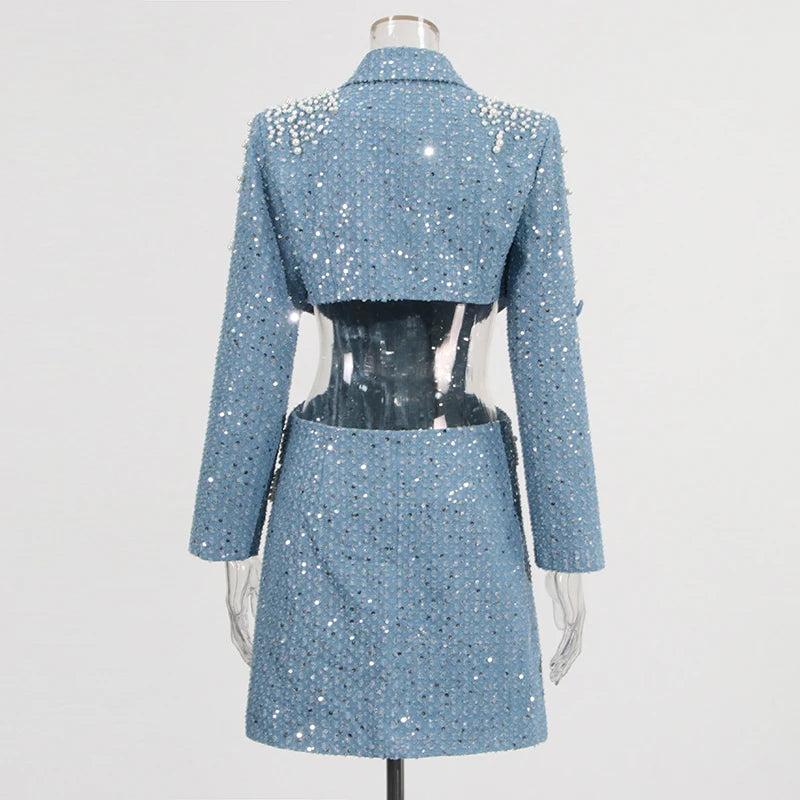 TWOTWINSTYLE Hollow Out Dresses For Women Notched Collar Long Sleeve Patchwork Embroidered Flares Chic Dress Female Fashion New