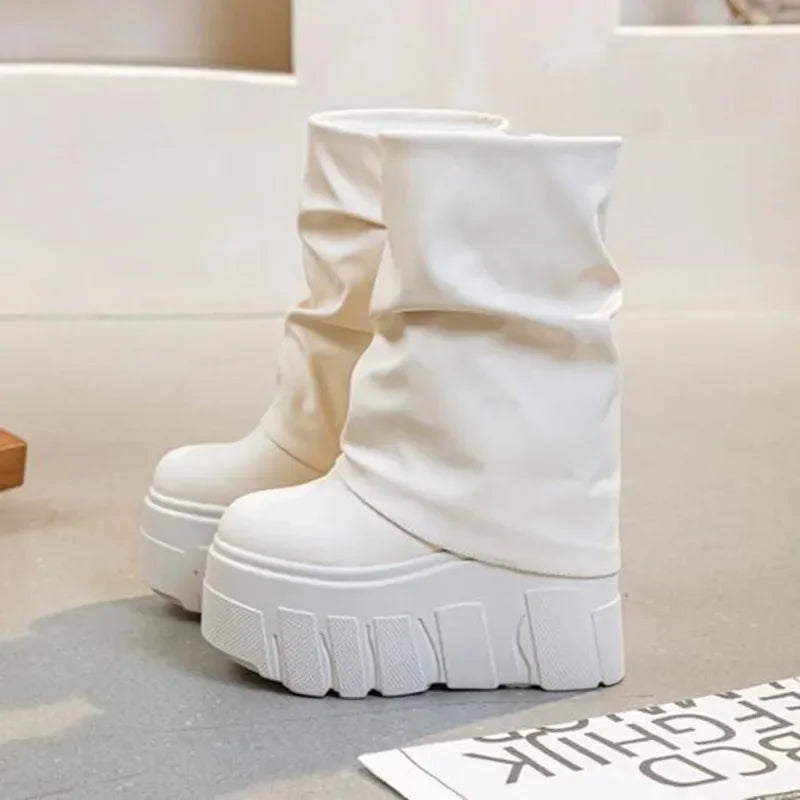 14CM New Ankle Booties Shoes Natural Microfiber Leather Boots 2025 Winter Women Motorcycle Boots Platform Ladies Fashion Botas