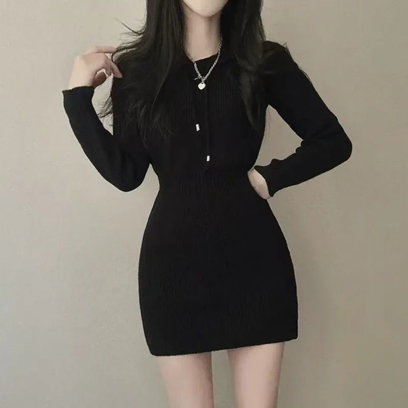 White Thicken Knit Mini Dress Woman Korean Elastic High Waist Bandage Dresses Women Hooded Outwear Long Sleeve Slim Dress
