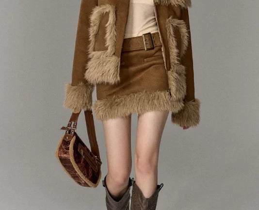 Imitation fur suit spliced short skirt two-piece suit for women winter new high-end suit European and American fashion trends