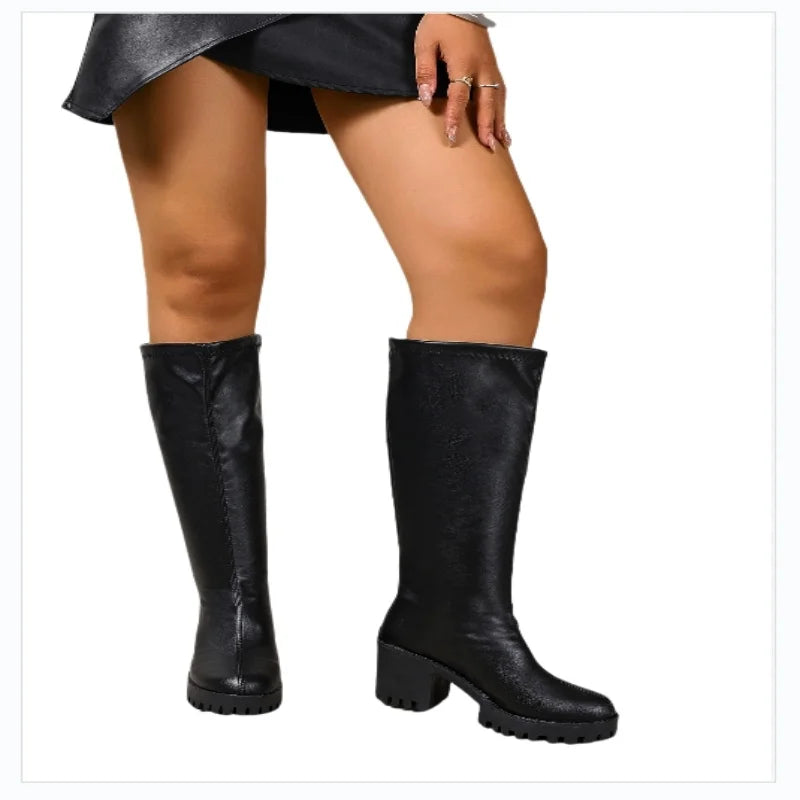 Winter New Round Toe Sexy and Comfortable Thick Heel Boots, Fashionable and Elegant Outdoor Knee High Knight Boots in Large Size