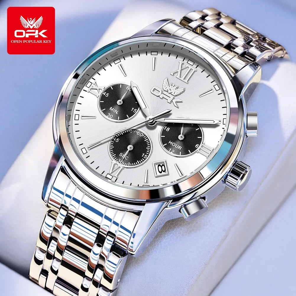 OPK Trendy classic three eye dial men's quartz watch waterproof genuine luminous men's watch for man chronograph date wristwatch