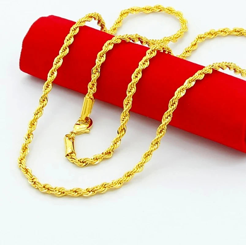 Hip Hop 24K Gold Necklace 3MM Twisted Rope Twist Electroplating Gold Necklace for Men Women Wedding Jewelry Gifts