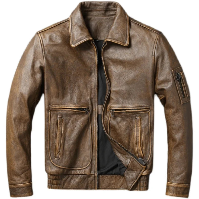 New Retro Top LayerPure Cowhide ort Bike Sle Leather Jaet Men AutumnCoat Authentic Leather Faion Urban Motorcycle Jaet