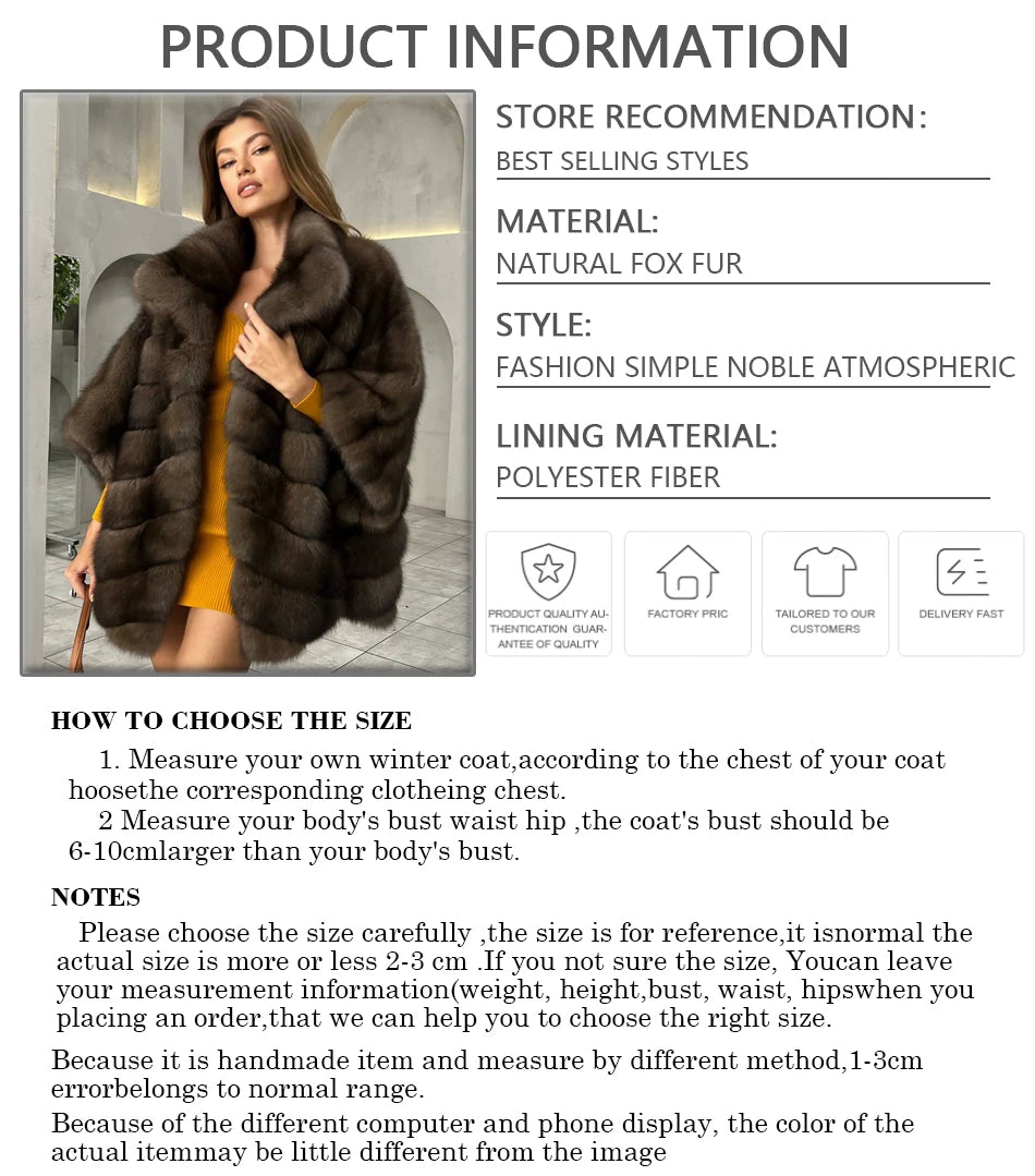 Winter Real Fox Fur Coat For Women Natural Fox Fur Jackets Mid-Length High Quality Fox Coat Women Luxury 2023