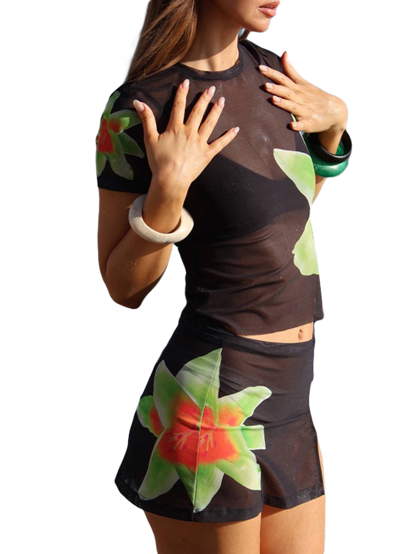 Damen Y2K 2-teiliges Traf-Sommer-Outfit-Set mit Blumendruck, durchsichtiges Netz, kurzärmeliges T-Shirt und Minirock, Streetwear