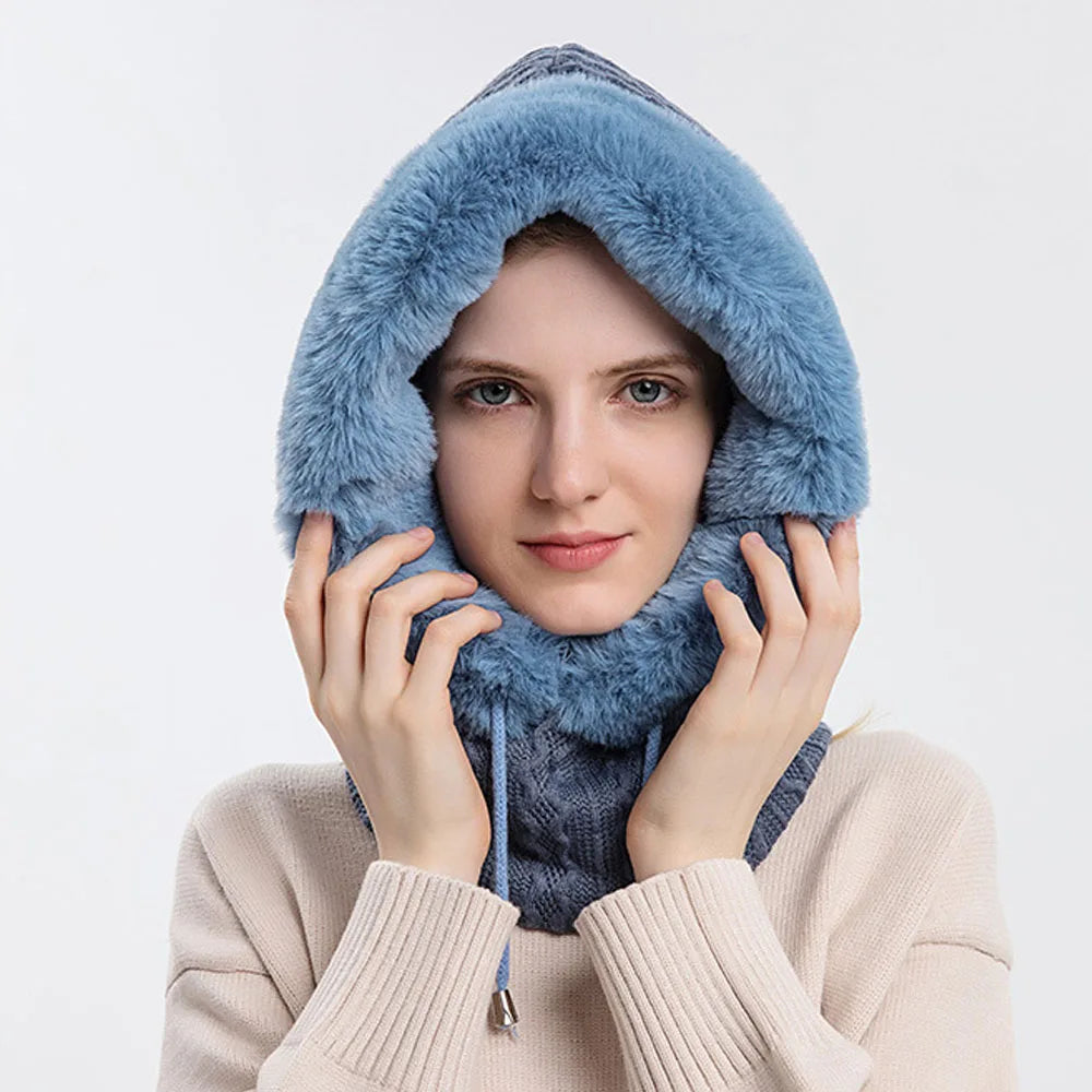 Winter Warm Beanie Hats Mask Scarf Ring Balaclava Hooded Pullover Knitted Hat One Piece Drawstring Hooded Outdoor Keep Warm Caps