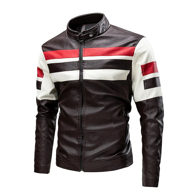 2025 New Color Blocked Stand Up Collar PU Leather Motorcycle Bike Jackets for Men,multi-color Spring Autumn Thin Casual PU Coat
