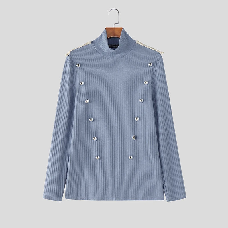 INCERUN Men Sweater Patchwork Turtleneck Long Sleeve Knitted Male Pullovers Button Streetwear Fashion Casual Men Clothing S-3XL