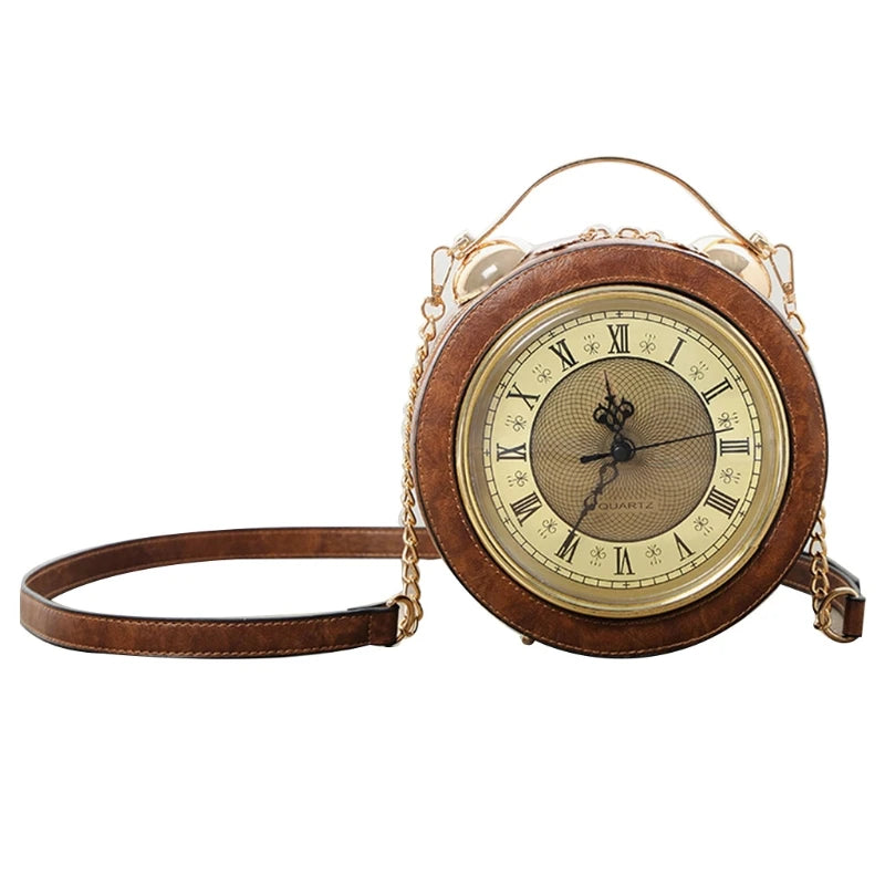 Fashion PU Leather Women Lady Vintage Clock Round Handbag Messenger Crossbody Shoulder Bag Chain Purse