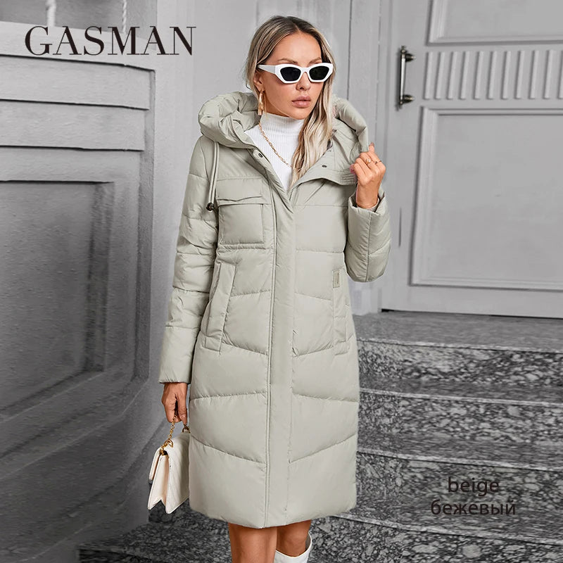 GASMAN Women Down Jacket Long Classic zipper design Big Pocket Stand Collar Hooded Slim coat Women Parkas