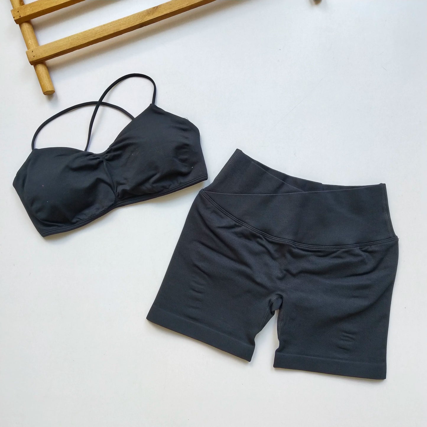Women's Open Back Yoga Tank Top Built-in Pads, High Waist Peach Butt Lift Shorts Cross Waist Workout Set