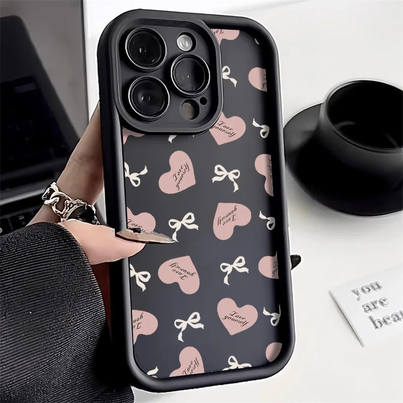 Korean Cute Pink Bowknot Silicone Phone Case For iPhone 15 14 13 16 12 11 17 Pro Max XR Xs 7 8 SE 2 Candy Color Shockproof Cover