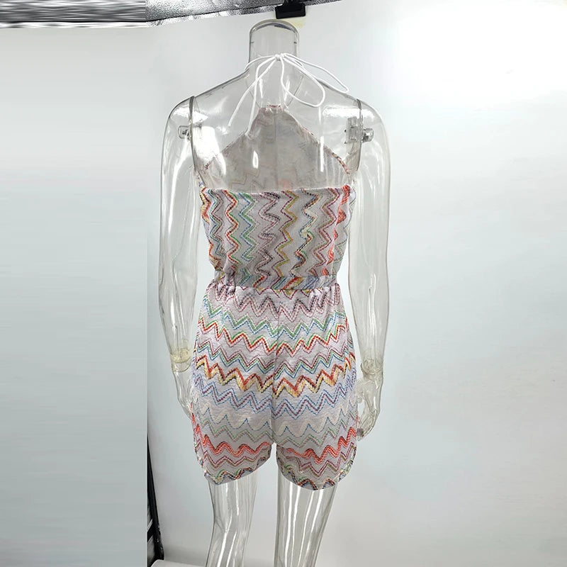 Summer Casual Backless Shorts Jumpsuit Women Sexy Beach Holiday Romper Women Vintage Pattern Printed Playsuits