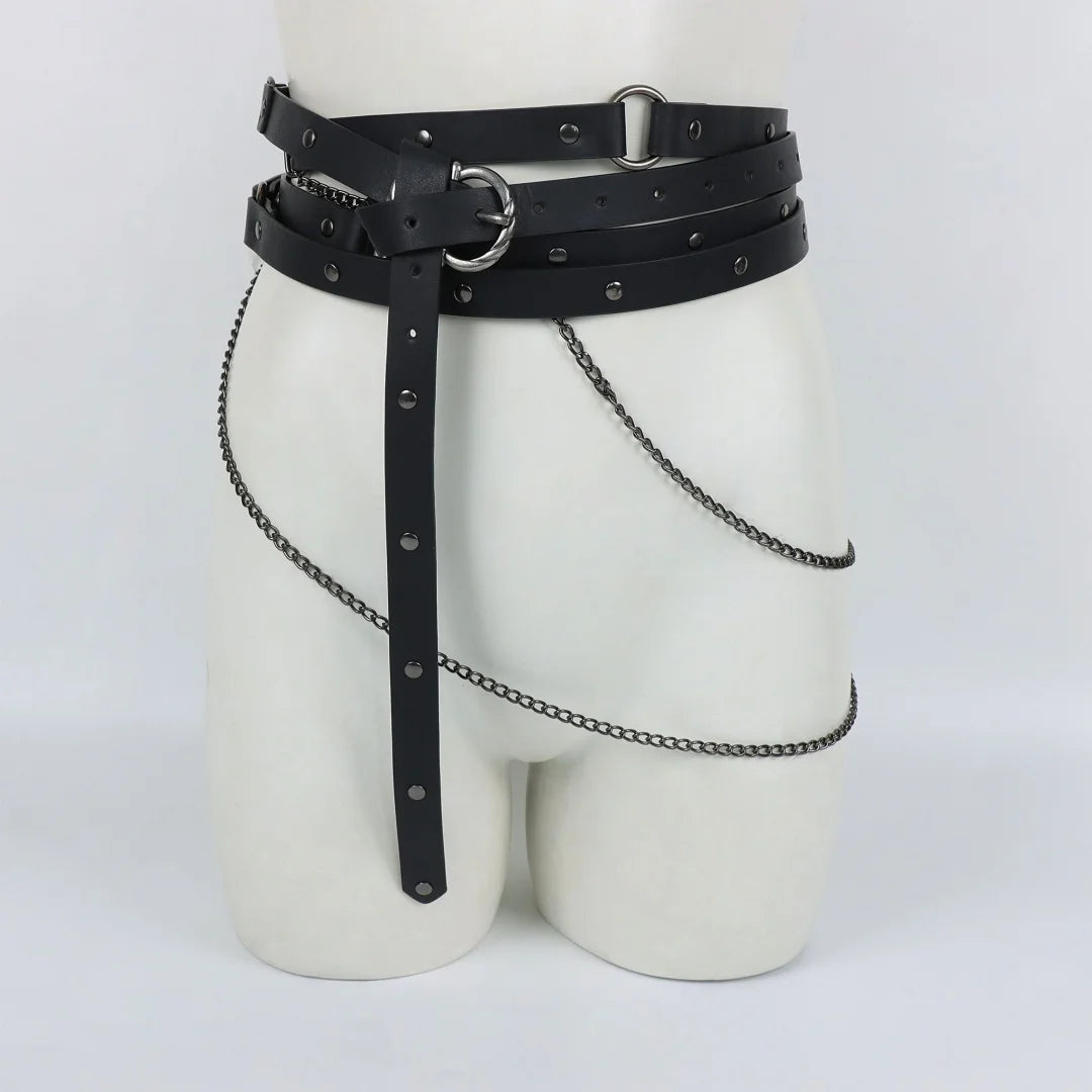 Retro Viking Style Belt Adjustable Medieval PU Leather Belt with Metal Chain Punk Steampunk Cosplay Accessories