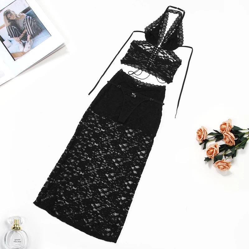 MUZISKAT Summer New Burst Of Fashion Versatile Lace Back Hanging Neck Underwear Long Dress Set Can Be Worn Outside Onlyfan