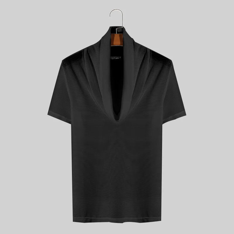 Fashion Well Fitting Tops INCERUN New Men's Pile Neck Hollow Perspective T-shirts Casual Sexy Thin Short Sleeved Camiseta S-5XL