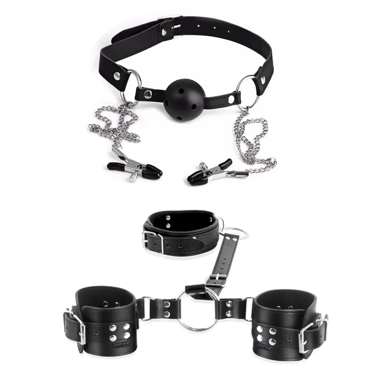 Neck to Wrist Restraints Kit with Nipple Clamps Gag S*x Toys for Women Adjustable Back Handcuffs Collar Bondage SM Sex Game Toys