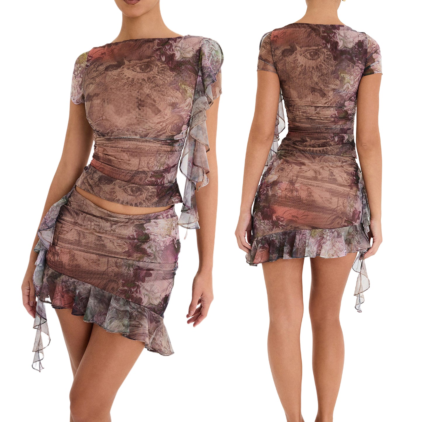 Lairauiy Women's Summer 2Piece Y2K Vintage Print Outfits Set Short Sleeve Mesh T-Shirts Crop Tops + Ruffles Wrapped Short Skirts