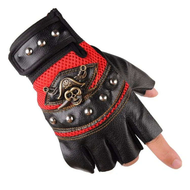 Motorcyclist Men's Gloves PU Pirate Head Glove Fashion Training Exercise Spring Autumn Breathable Street Dance Riveted Gloves
