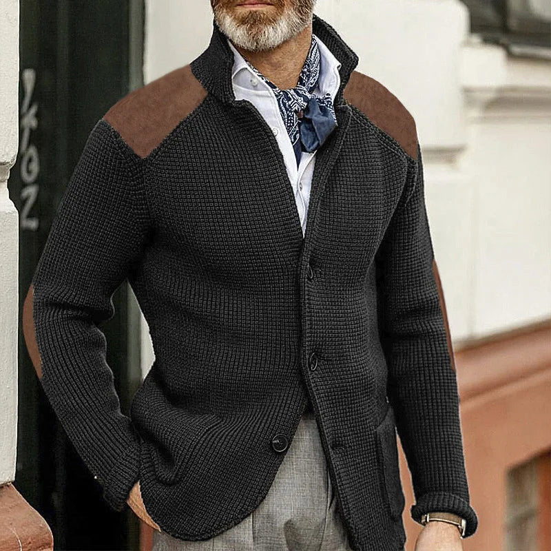 Autumn Winter Men Knit Cardigan Single Breasted Turn Down Collar Knitted Sweater Jackets Fashion Patchwork Male Sweater Coat