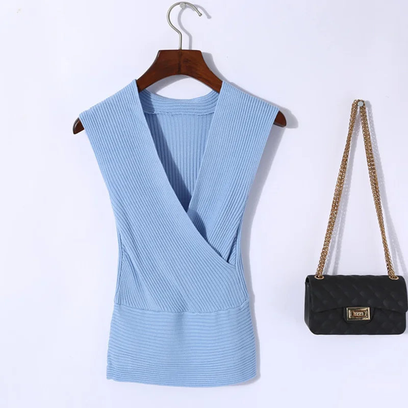 Sexy Deep V Neck Sweater Women 2025 New Womens Clothing Slim Bottoming Large Elastic Knitwear Rib Cotton Sleeveless Top Jerseys