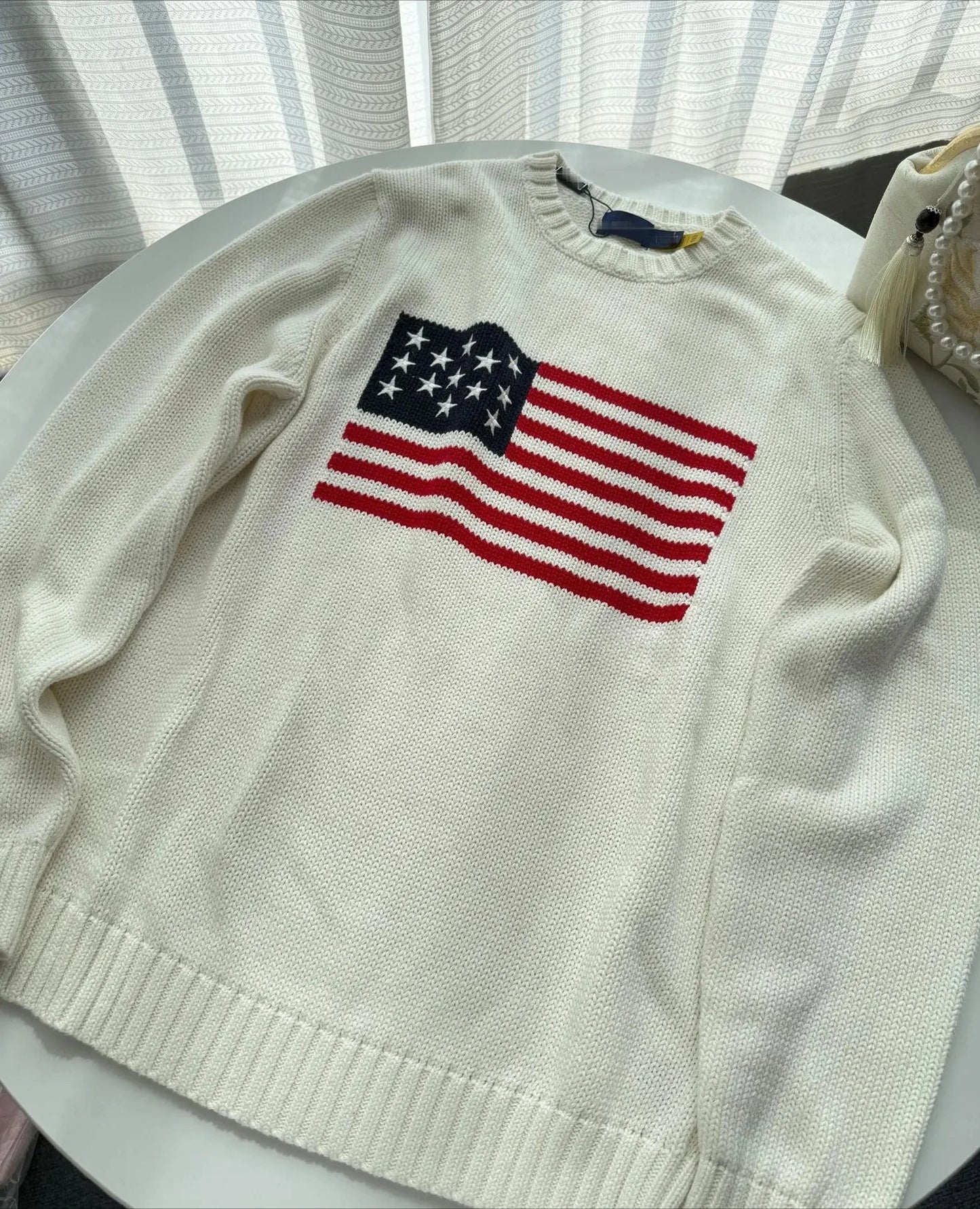 Popular Autumn Winter US Flag Pattern Stripe Pullover Sweater Casual O Neck Contrast Color Knitted Women Sweaters Mens Clothes