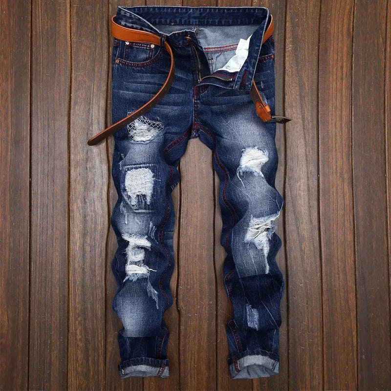 New Men's Ripped Vintage Jeans Straight Denim Trousers Male Distressed Personalized Motorcycle High Street Spliced Jeans Pants
