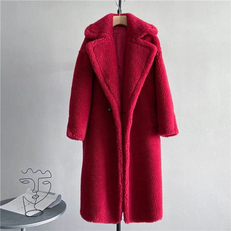 Winter Jacket Women Long Coat Wool Woven Fabric Thick Warm Outerwear Oversize Fashion Streetwear Teddy Bear Coats