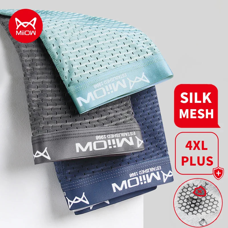MiiOW 3Pcs Sexy Mesh Men Boxer Underwear Graphene Antibacterial Male Panties Ice Silk Underpants Breathable 4XL Boxershort 2022