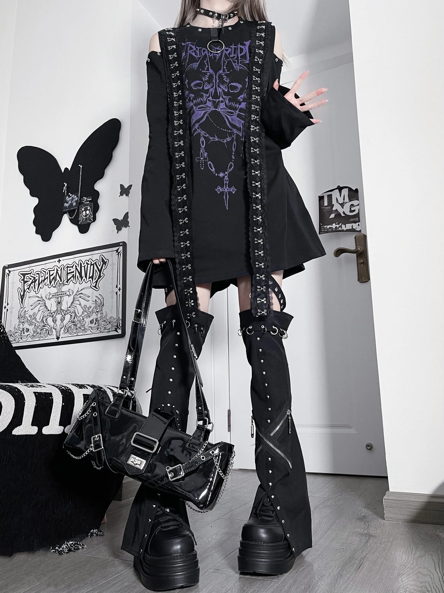 Original Gothic Printed Subculture T-shirt Top Spring New Japanese Punk Dark Girl Loose Long-sleeved Off-the-shoulder Tshirts