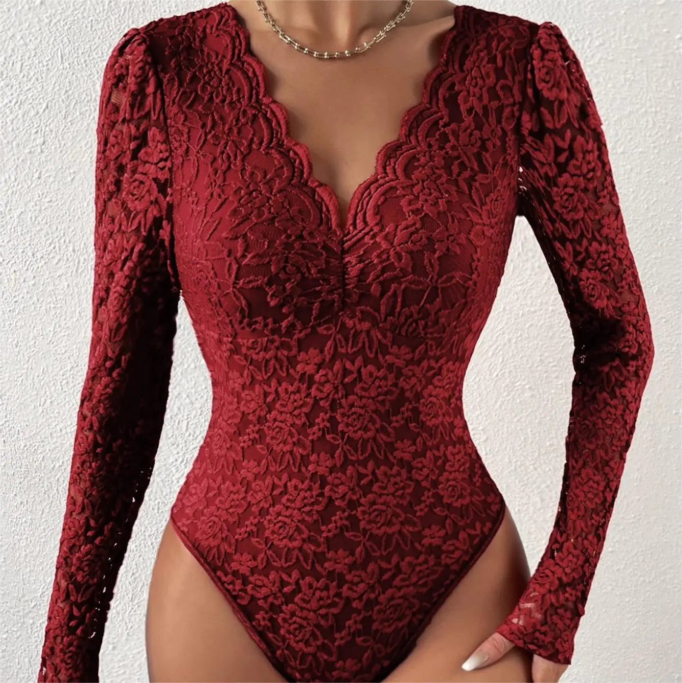 Women's Jumpsuit Onesie Lace Long Sleeve Perspective Embroidery Black V-neck Slim White Base Shirt Red Bodysuit