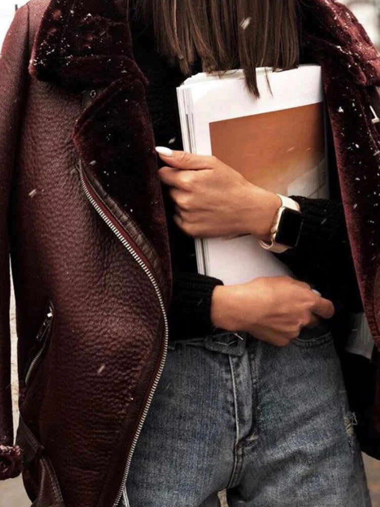 Ailegogo Warm Women Faux Fur Jacket with Belt Streetwear Female Moto Biker Loose Thick Coat Fashion Autumn Winter Outwear